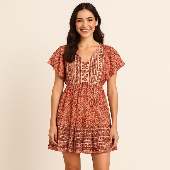 Knox Rose XS Flutter Sleeve Boho Ruffle Dress Orange White NWT Cotton Blend - Picture 1 of 11